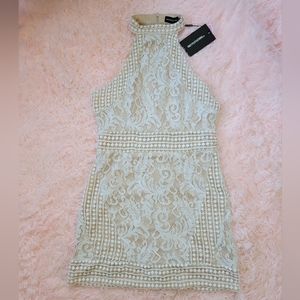 Prettylittlething White High Neck Lace Crochet Bodycon Dress